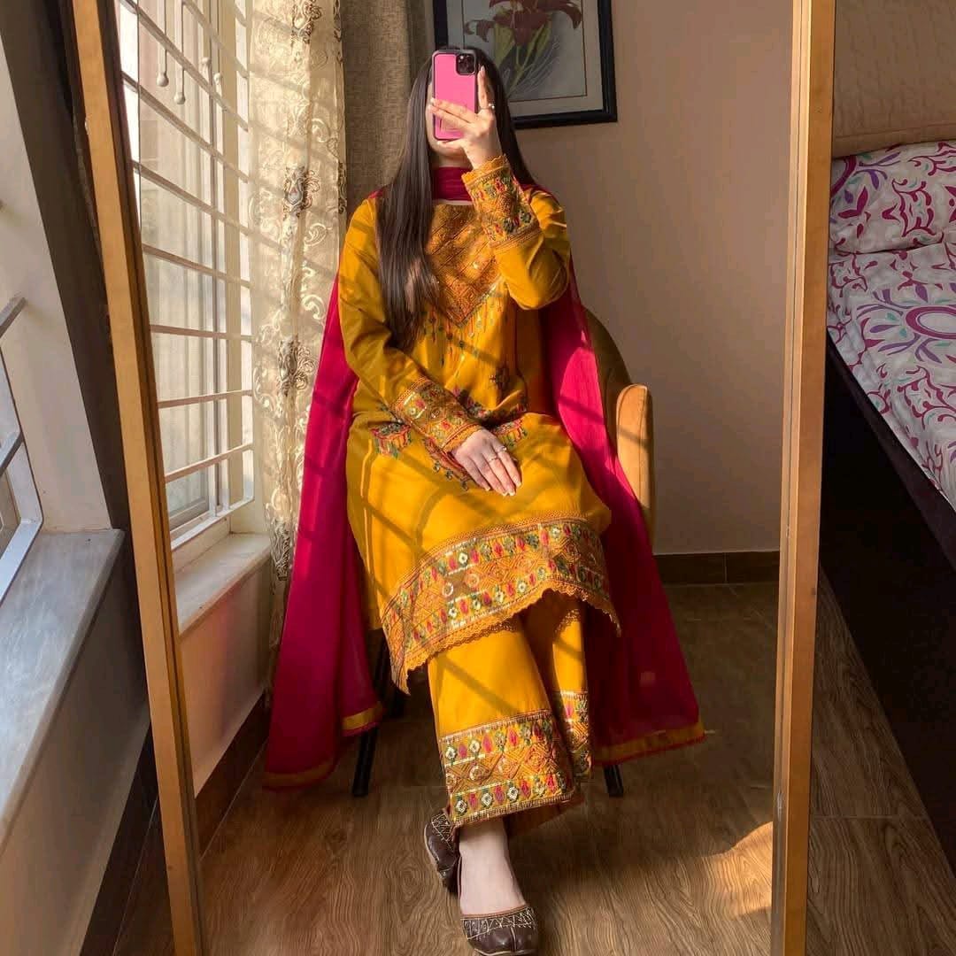Premium Soft Cotton Embroidery Three-Piece Set with Chiffon Dupatta