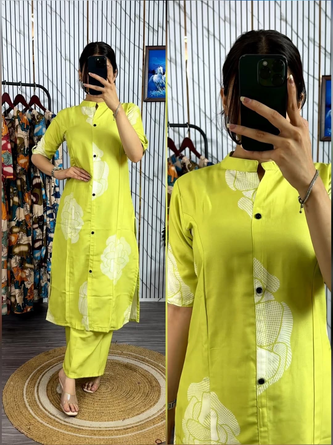 Latest Design Pure Cotton Screen Printed Front Button Two Piece Kurti Set