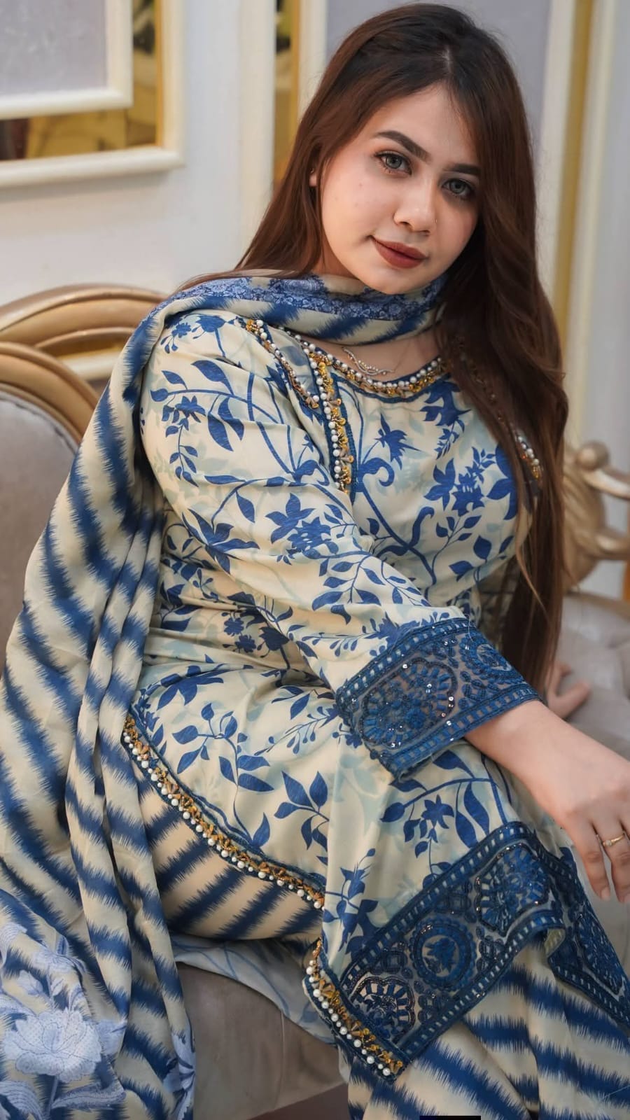Premium China Microstitch Digital Printed Three Piece Set with Lace Work