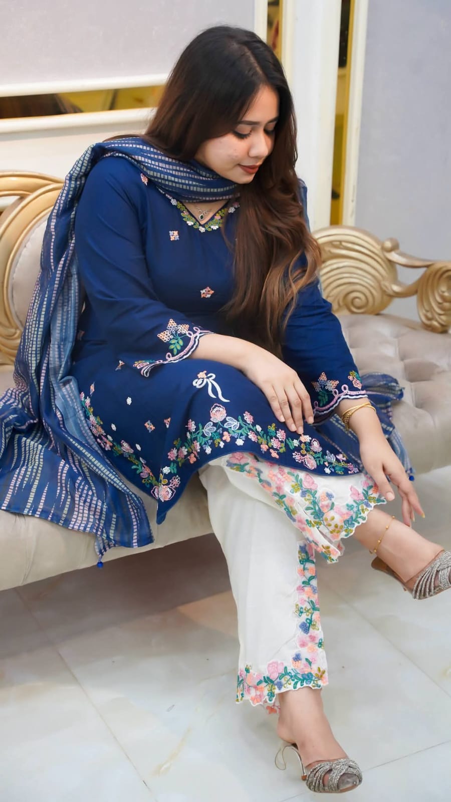 Exclusive Cotton Embroidery Garara Dress Set with Georgette Digital Printed Dupatta