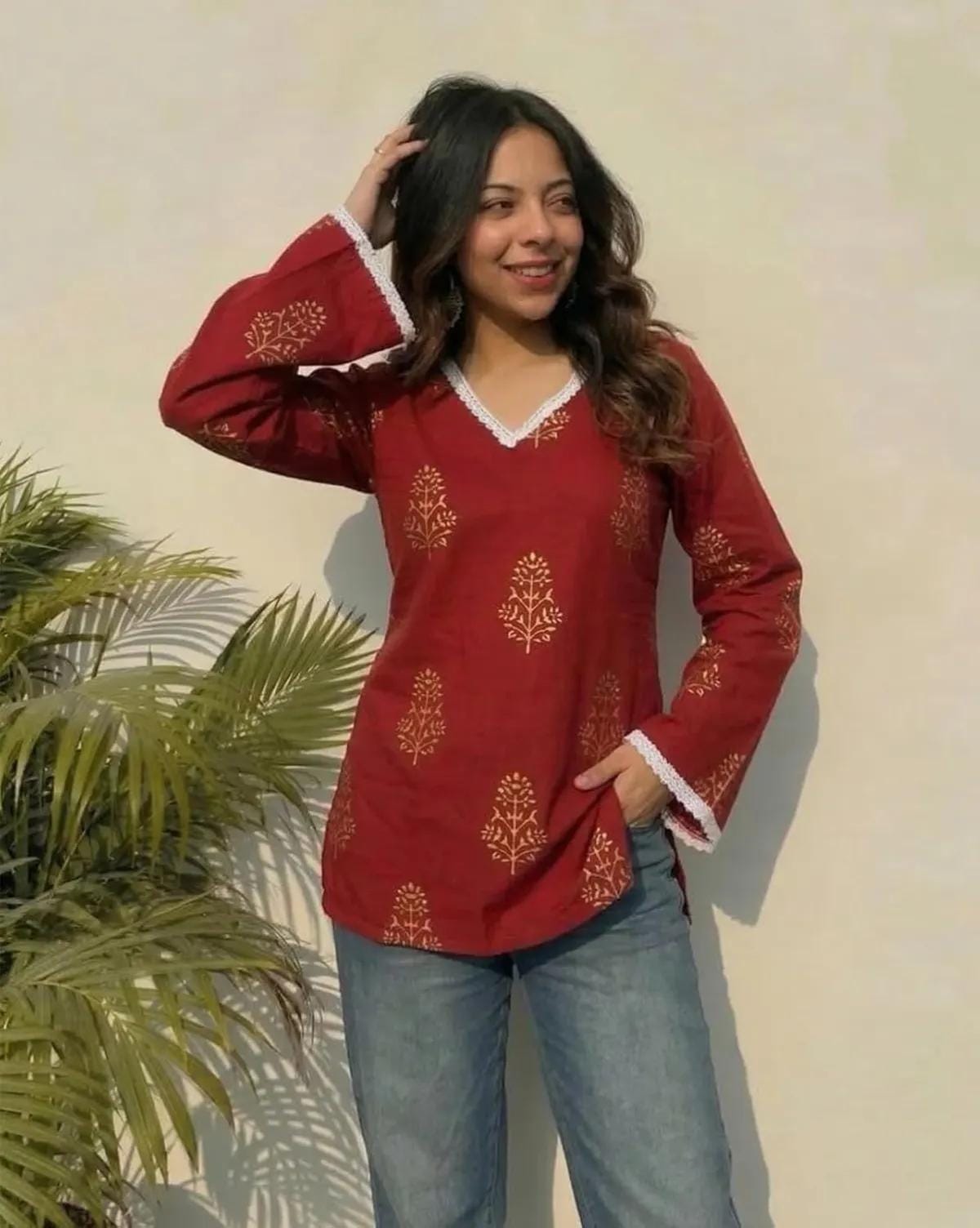 Stylish Cotton Lace-Work One-Piece Short Kurti (Free Size)