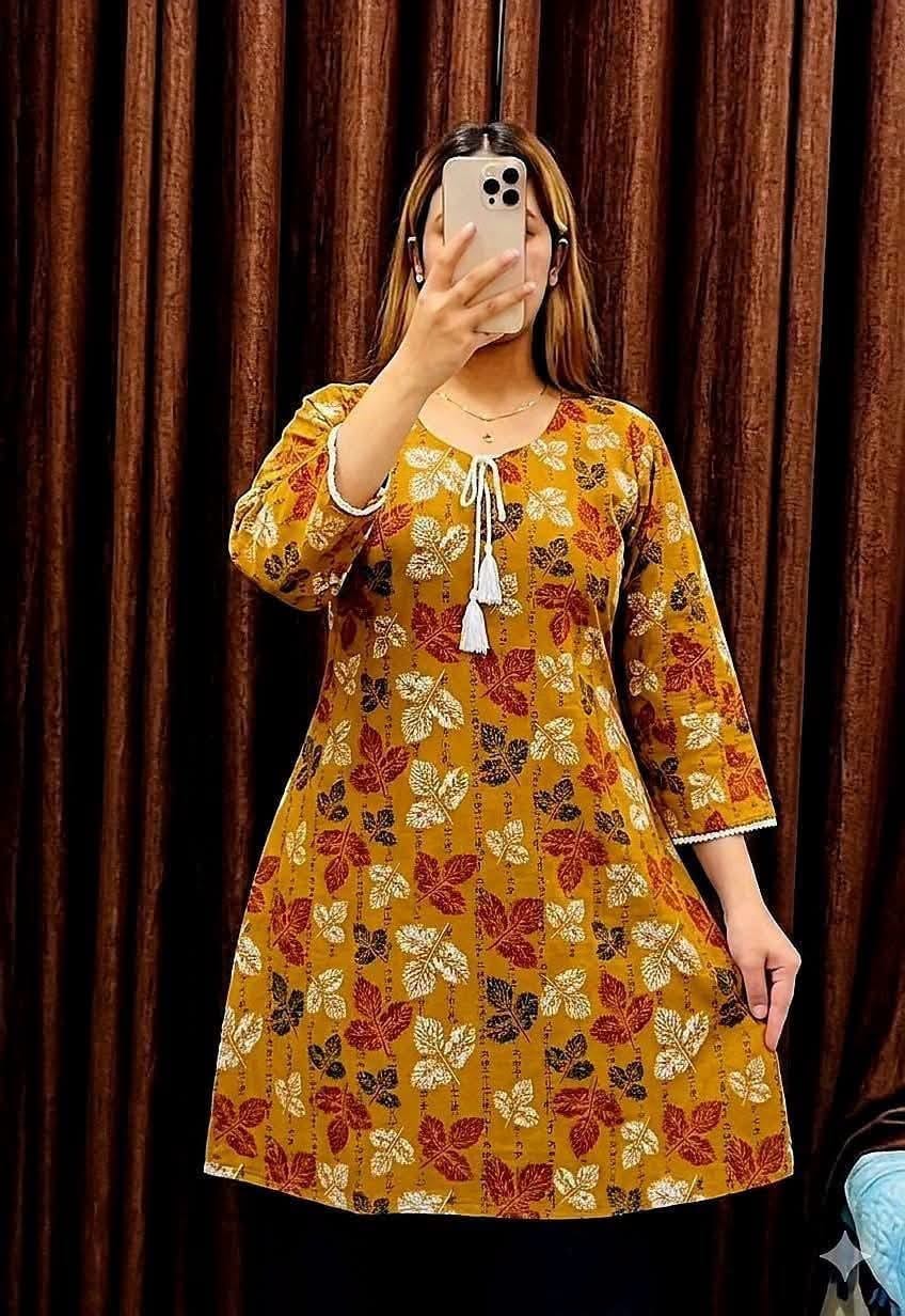 Trendy Screen Printed TC Cotton Short Kurti with Tassel