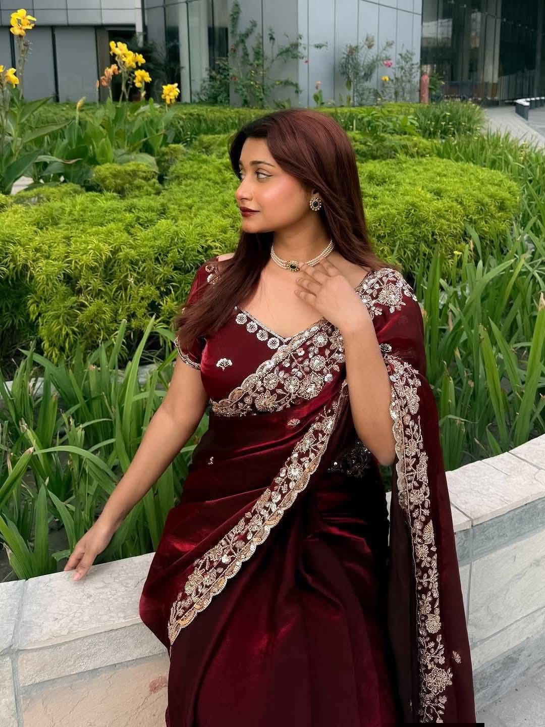 Indian Fendi Silk Saree with Sequins Embroidery Work