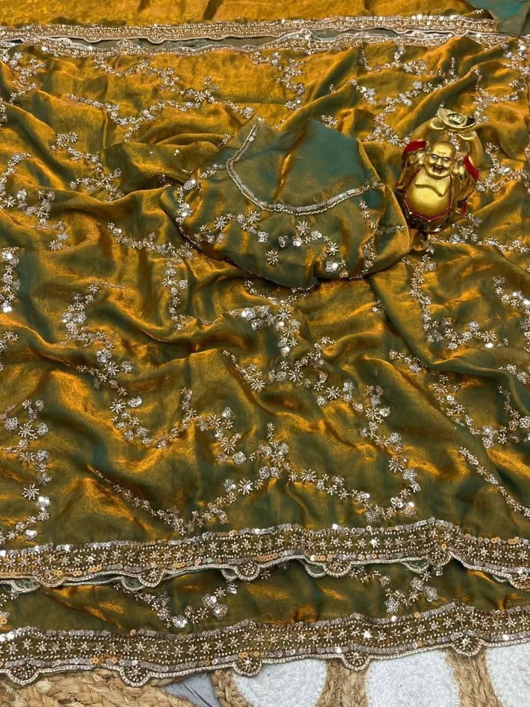Indian Fendi Silk Saree with Sequins Embroidery Work