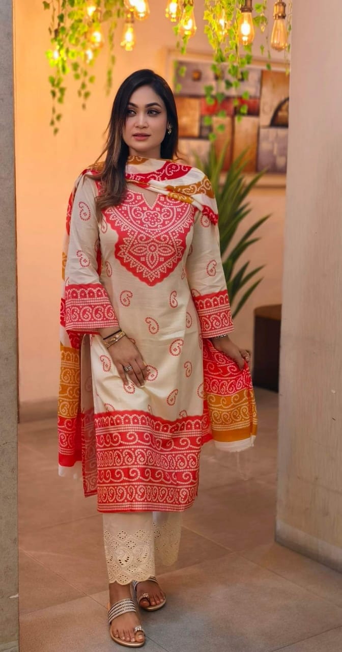 Screen Print Linen Three Piece Set with Cotton Dupatta