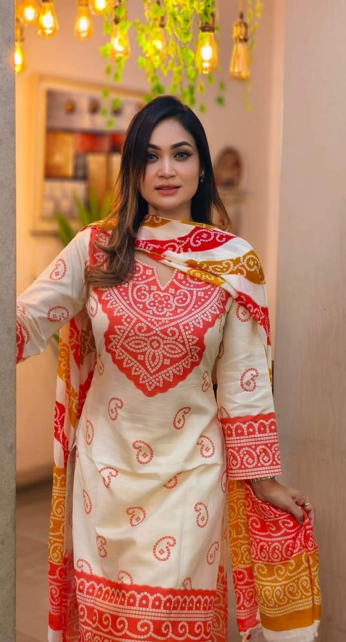 Screen Print Linen Three Piece Set with Cotton Dupatta