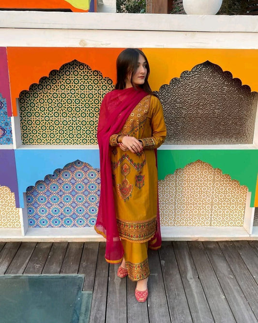 Premium Soft Cotton Embroidery Three-Piece Set with Chiffon Dupatta
