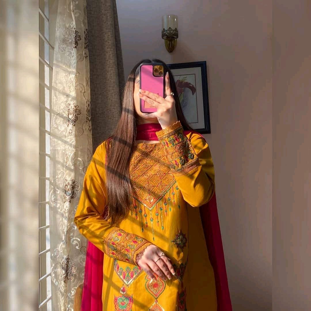 Premium Soft Cotton Embroidery Three-Piece Set with Chiffon Dupatta