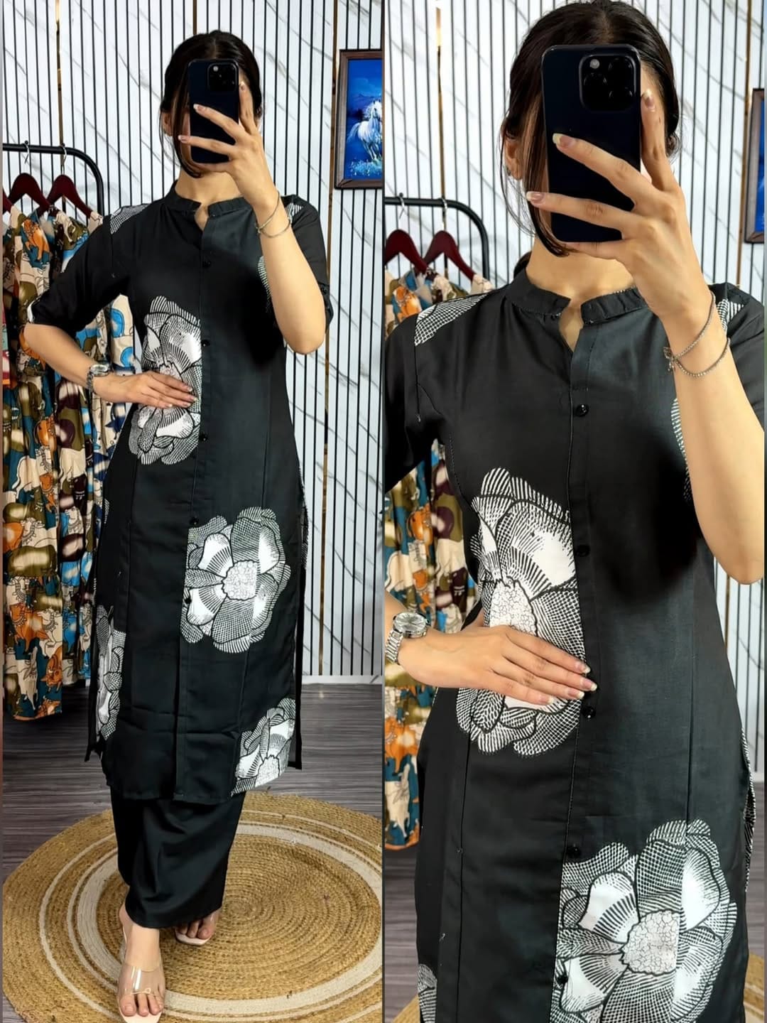 Latest Design Pure Cotton Screen Printed Front Button Two Piece Kurti Set