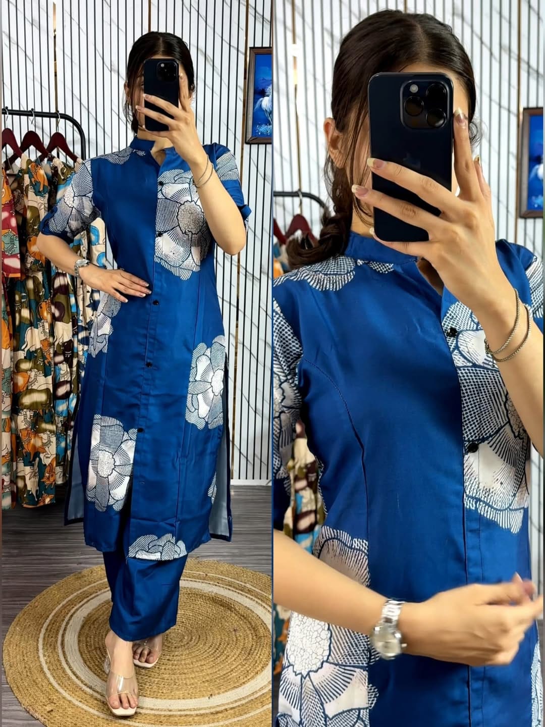 Latest Design Pure Cotton Screen Printed Front Button Two Piece Kurti Set