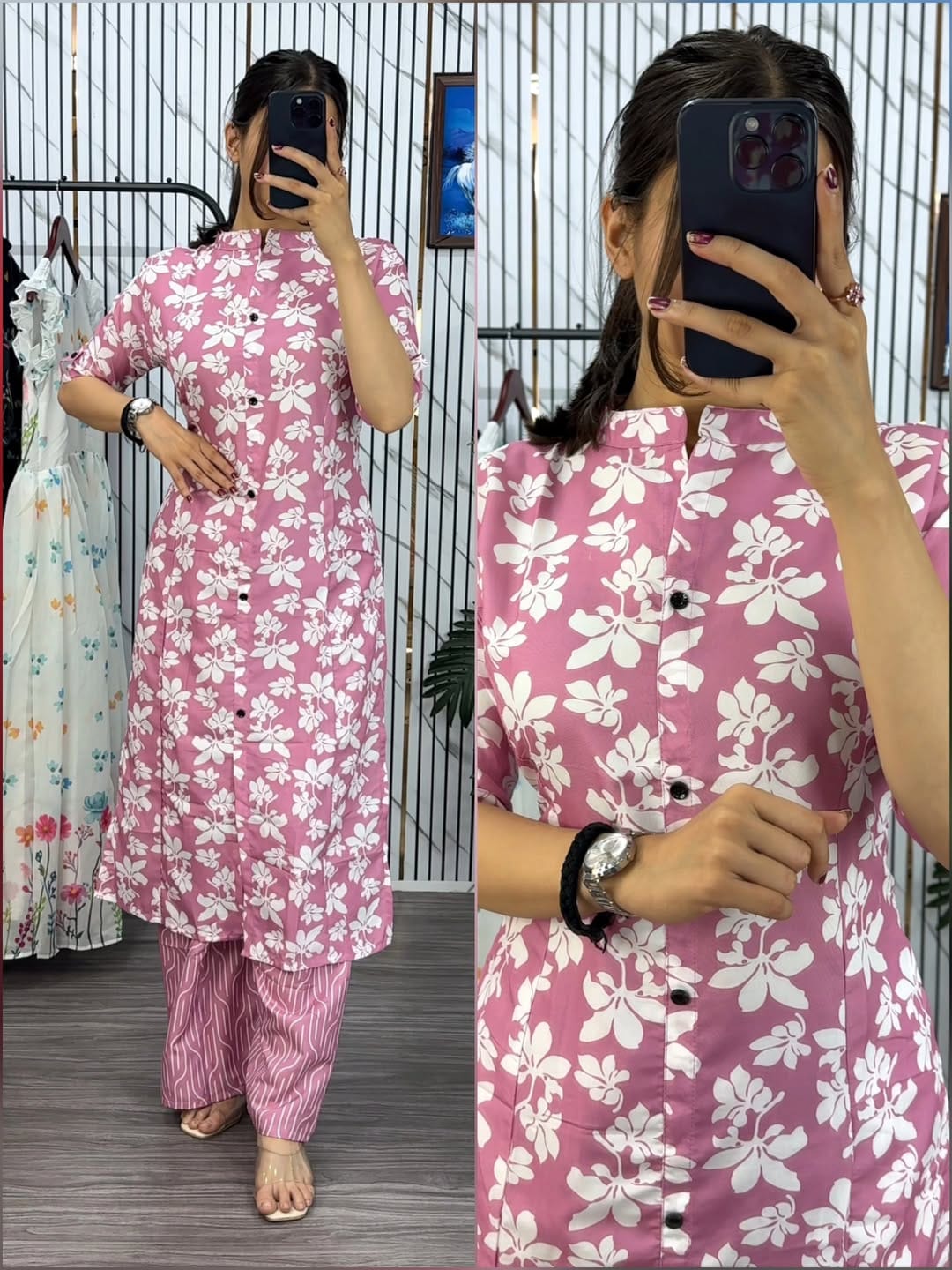 Latest Design Pure Cotton Screen Printed Front Button Two Piece Kurti Set
