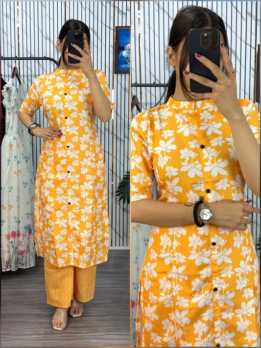 Latest Design Pure Cotton Screen Printed Front Button Two Piece Kurti Set