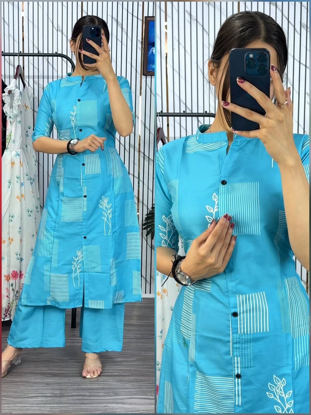 Latest Design Pure Cotton Screen Printed Front Button Two Piece Kurti Set