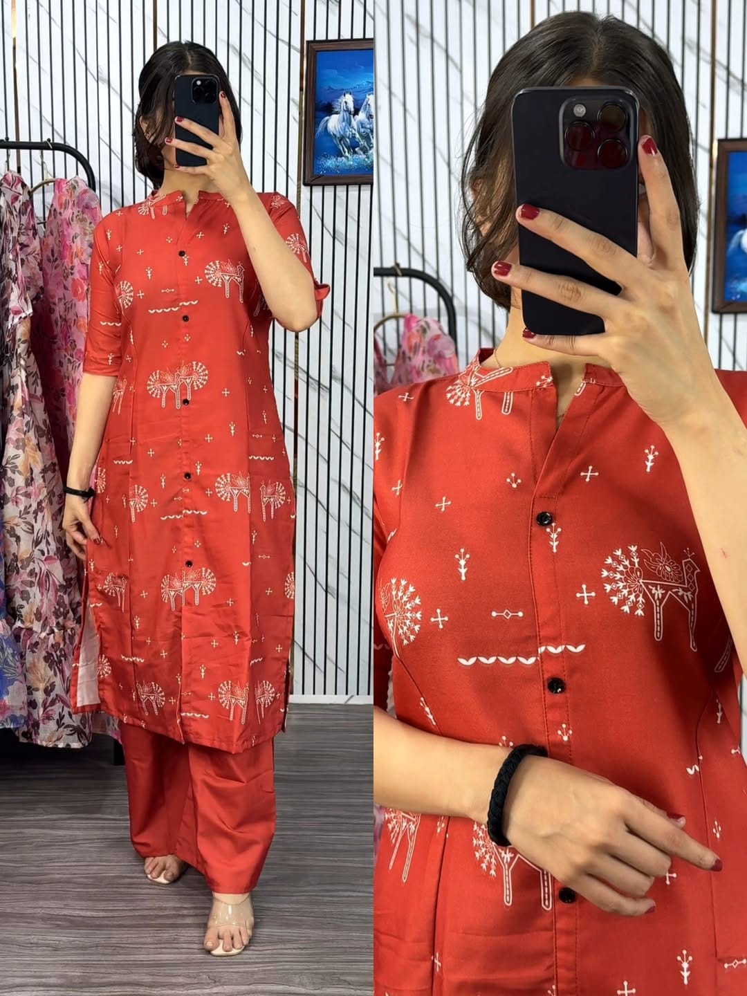 Latest Design Pure Cotton Screen Printed Front Button Two Piece Kurti Set