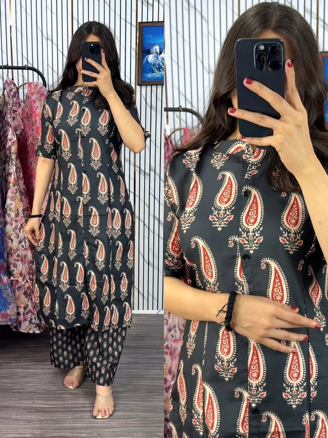 Latest Design Pure Cotton Screen Printed Front Button Two Piece Kurti Set