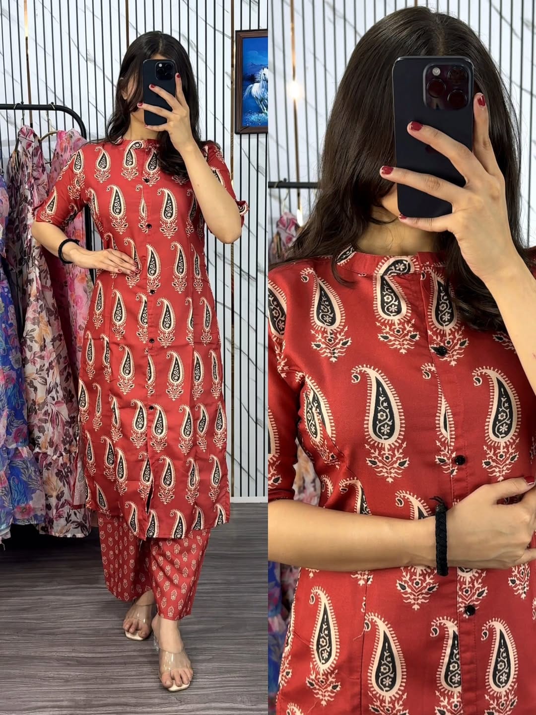 Latest Design Pure Cotton Screen Printed Front Button Two Piece Kurti Set