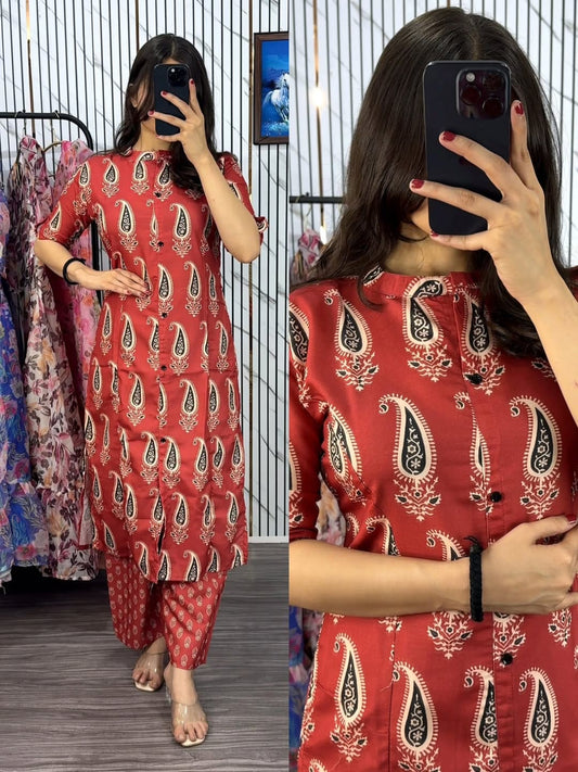 Latest Design Pure Cotton Screen Printed Front Button Two Piece Kurti Set