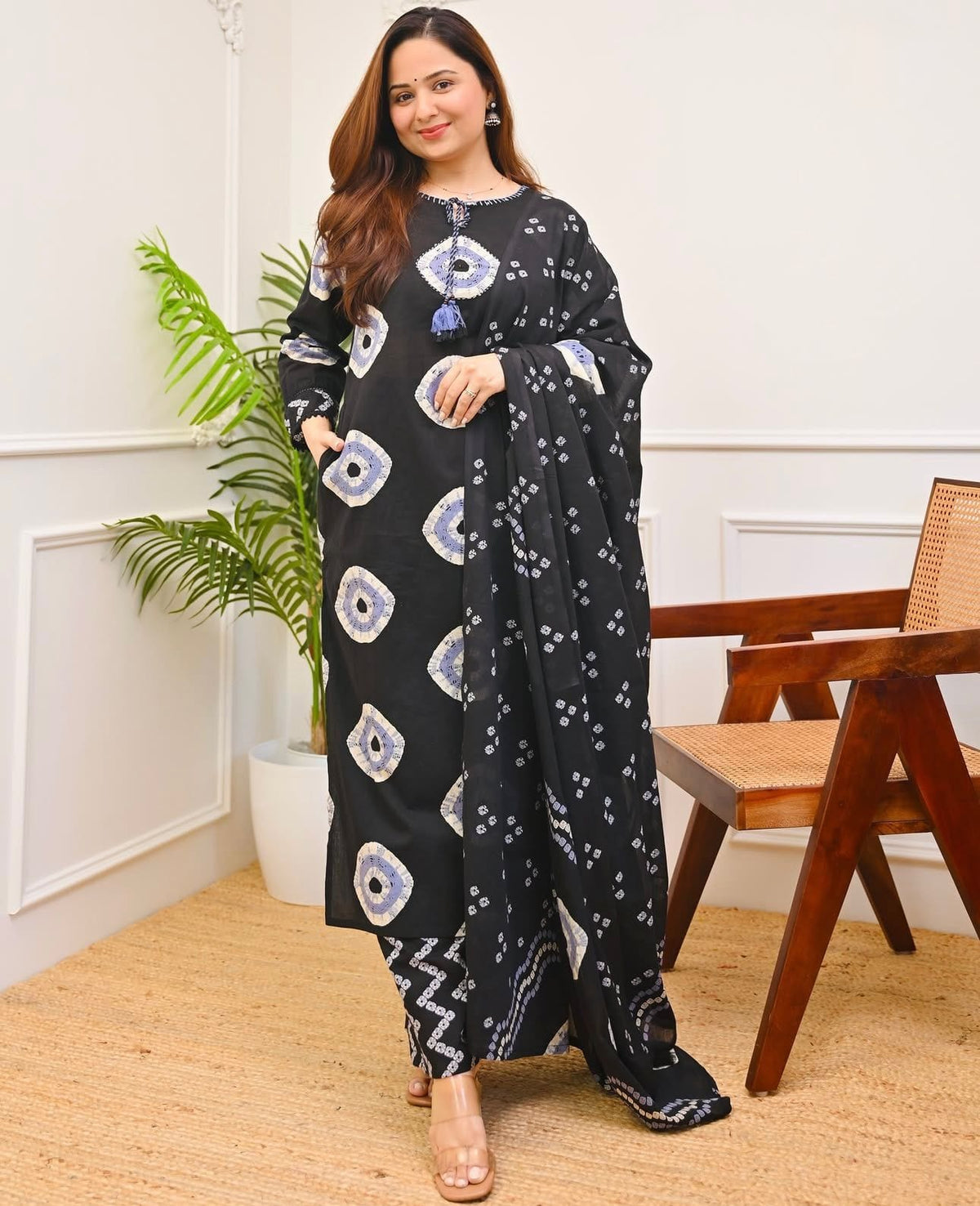 Traditional Soft Cotton Chunri Printed Three Piece Set with Tassel