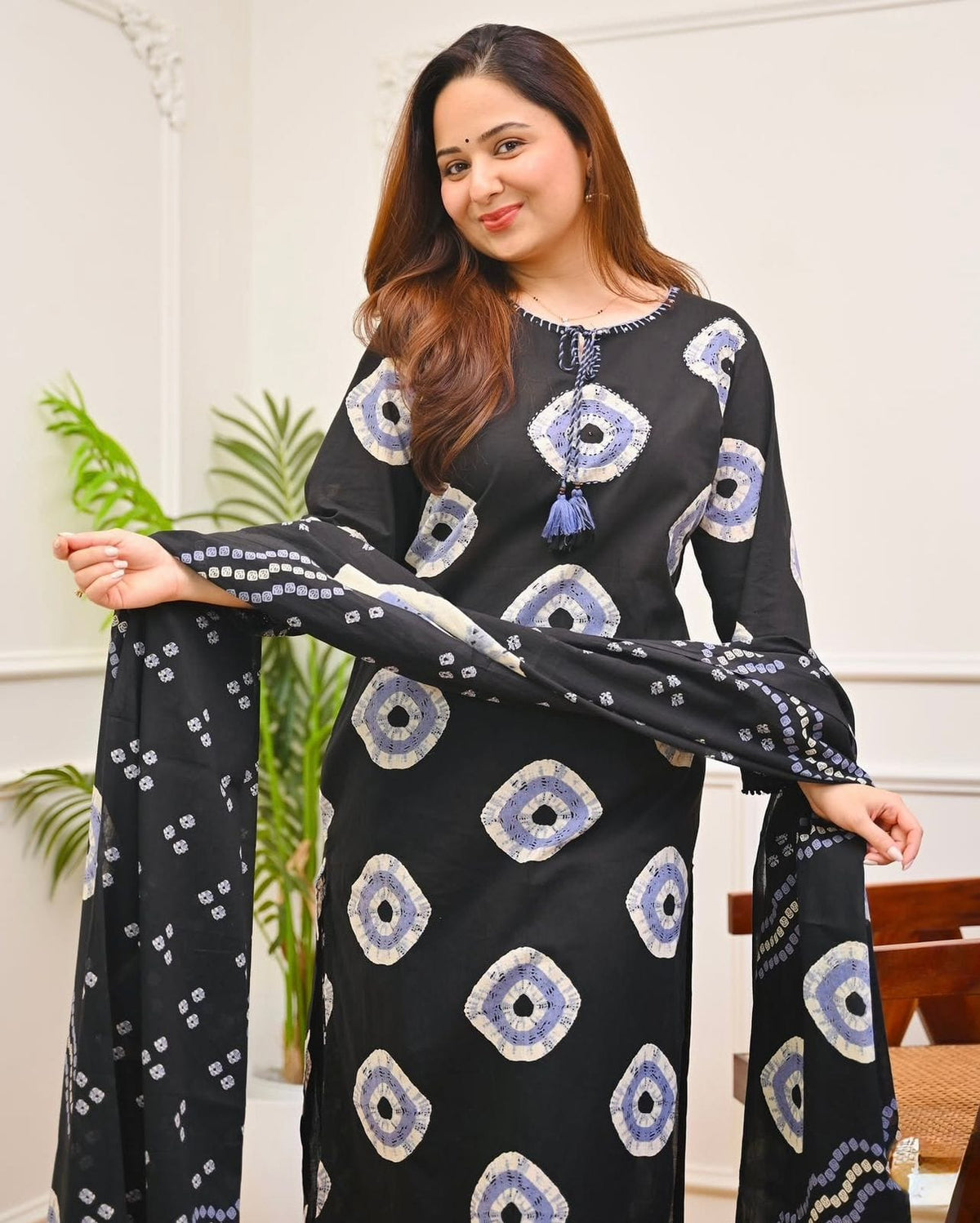 Traditional Soft Cotton Chunri Printed Three Piece Set with Tassel