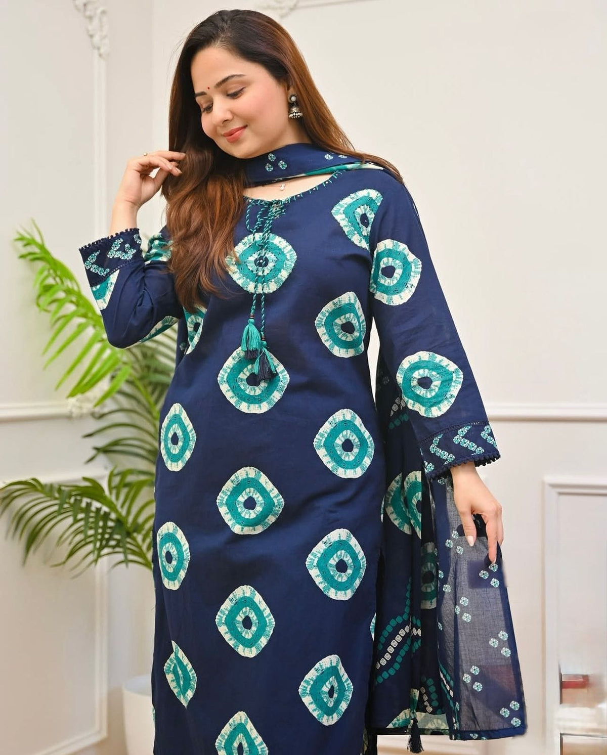 Traditional Soft Cotton Chunri Printed Three Piece Set with Tassel