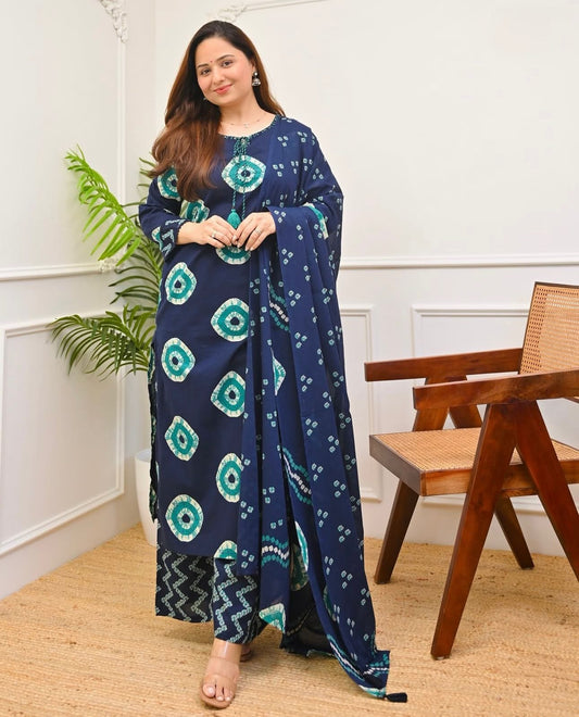 Traditional Soft Cotton Chunri Printed Three Piece Set with Tassel