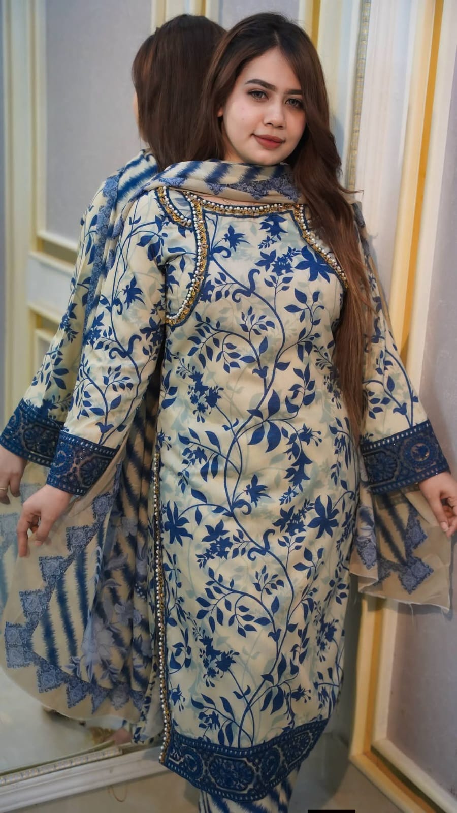 Premium China Microstitch Digital Printed Three Piece Set with Lace Work