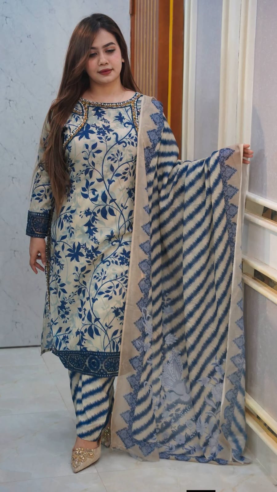 Premium China Microstitch Digital Printed Three Piece Set with Lace Work