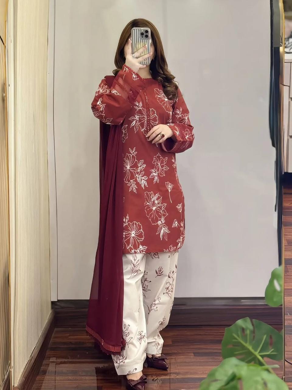Cotton Screen Printed Three-Piece Set with Lace Work