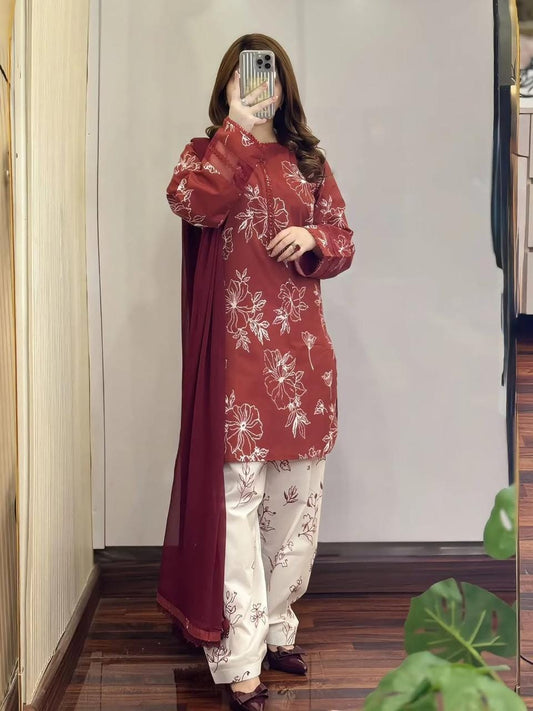 Cotton Screen Printed Three-Piece Set with Lace Work
