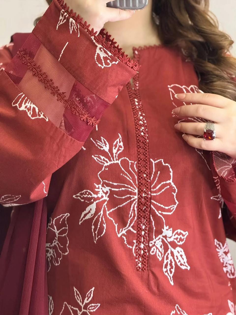 Cotton Screen Printed Three-Piece Set with Lace Work