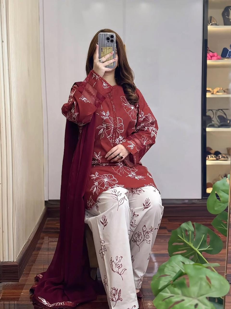 Cotton Screen Printed Three-Piece Set with Lace Work