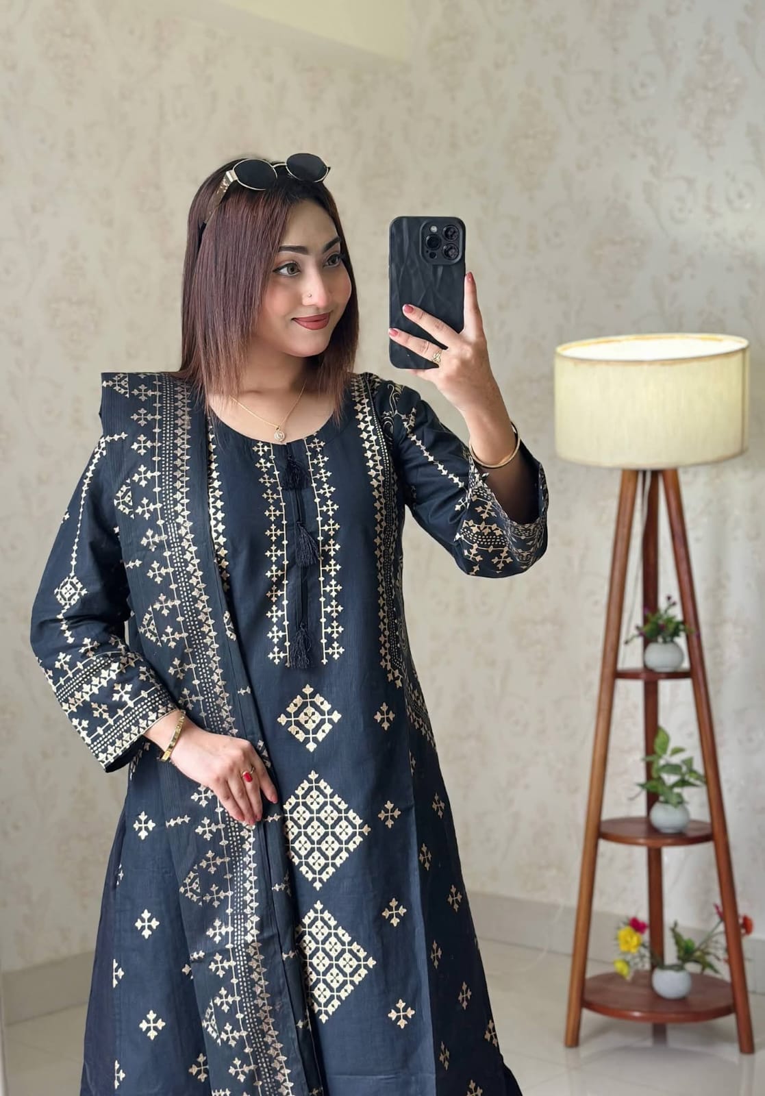 Aarong Cotton Screen Printed & Lace Work Readymade Three Piece Set