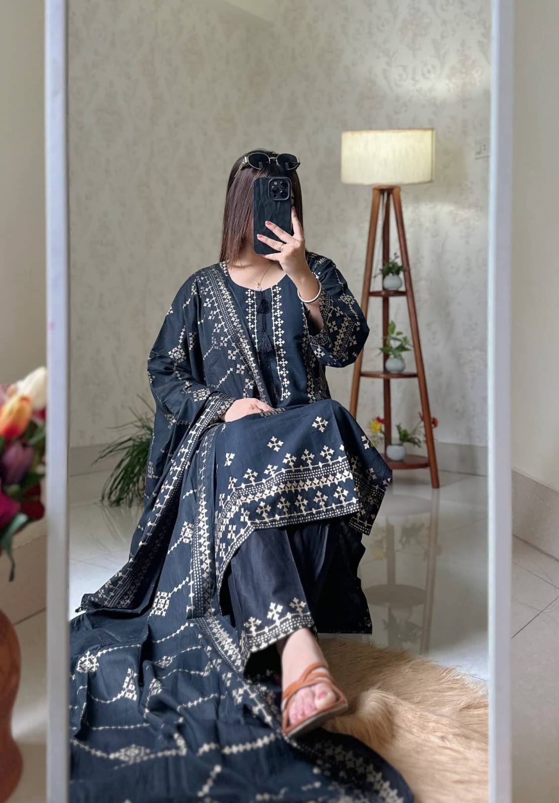 Aarong Cotton Screen Printed & Lace Work Readymade Three Piece Set