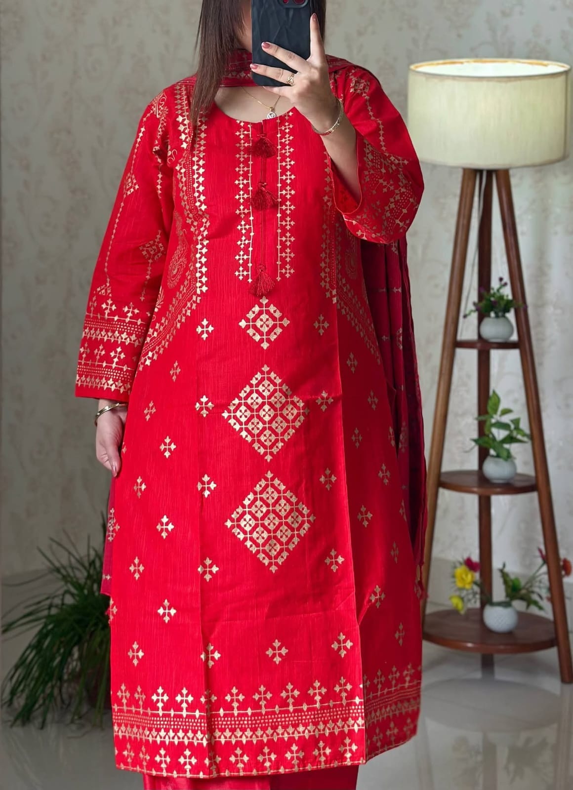 Aarong Cotton Screen Printed & Lace Work Readymade Three Piece Set