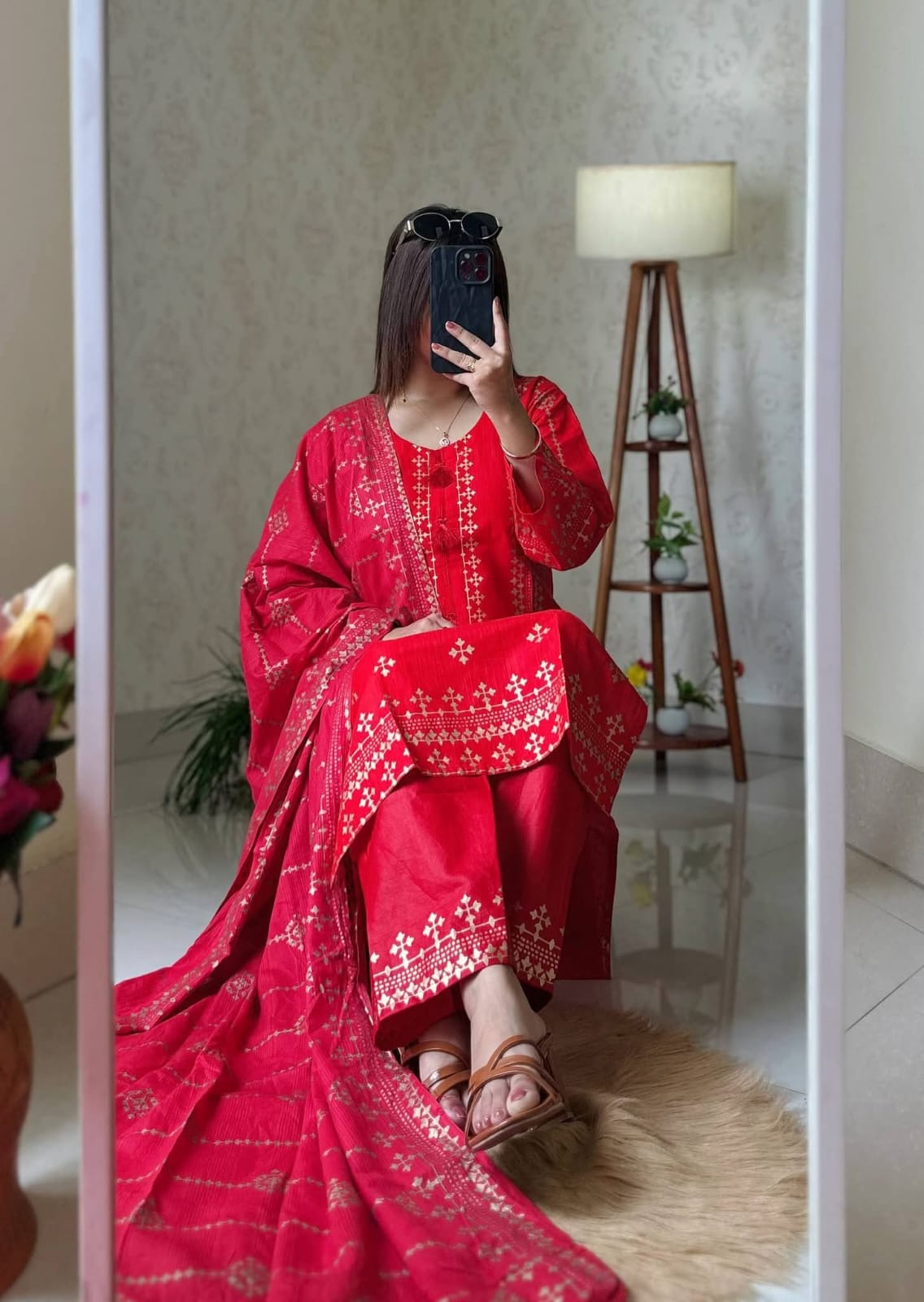 Aarong Cotton Screen Printed & Lace Work Readymade Three Piece Set