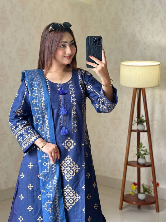 Aarong Cotton Screen Printed & Lace Work Readymade Three Piece Set