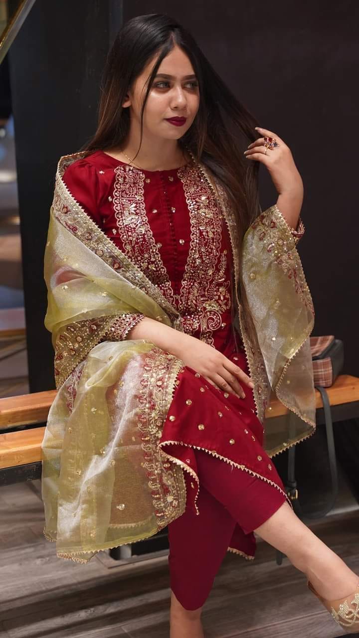 Women's Ready to Wear Sequence Embroidery AC Cotton Three Piece Set