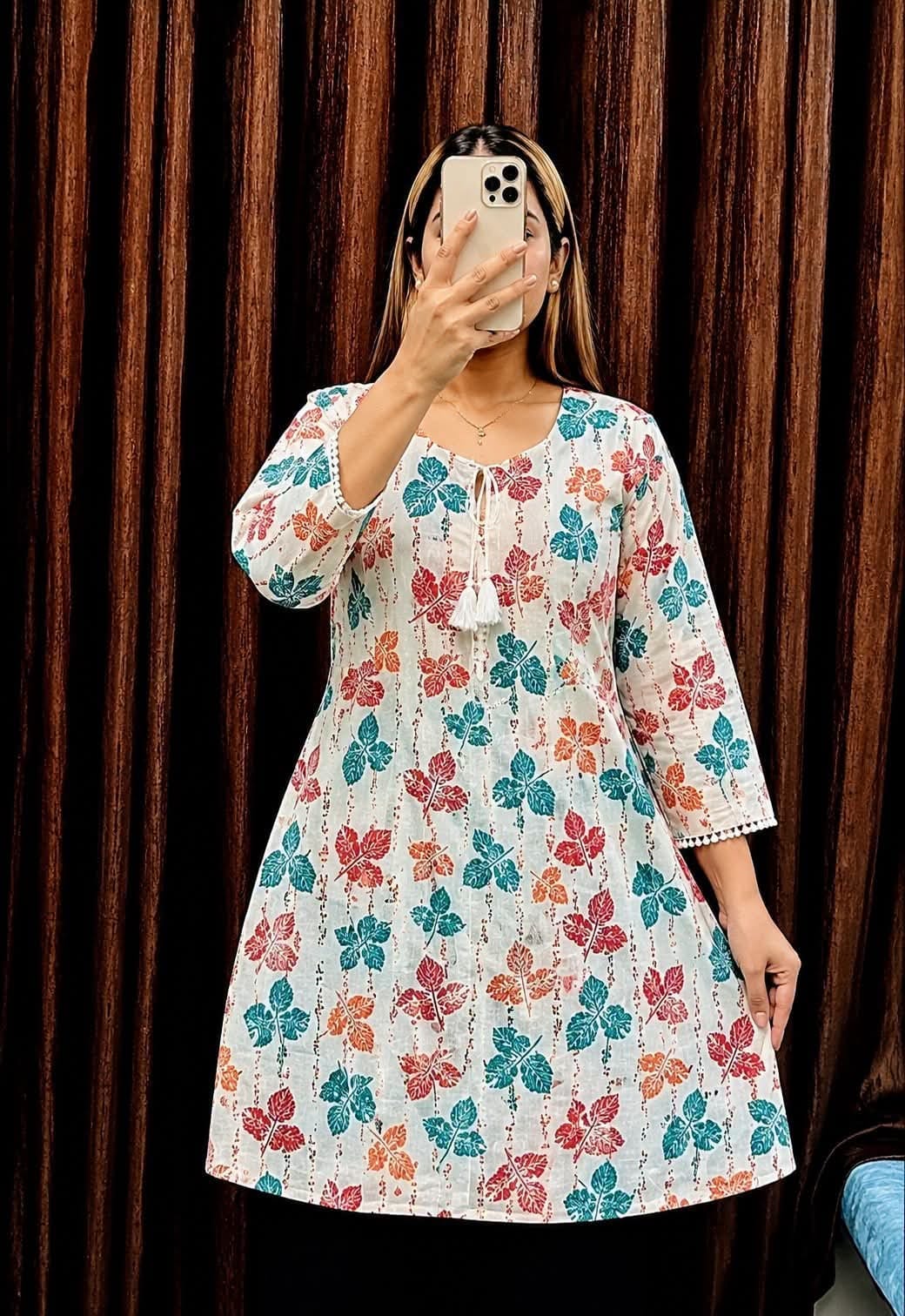 Trendy Screen Printed TC Cotton Short Kurti with Tassel