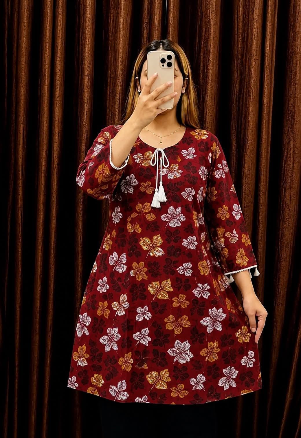 Trendy Screen Printed TC Cotton Short Kurti with Tassel