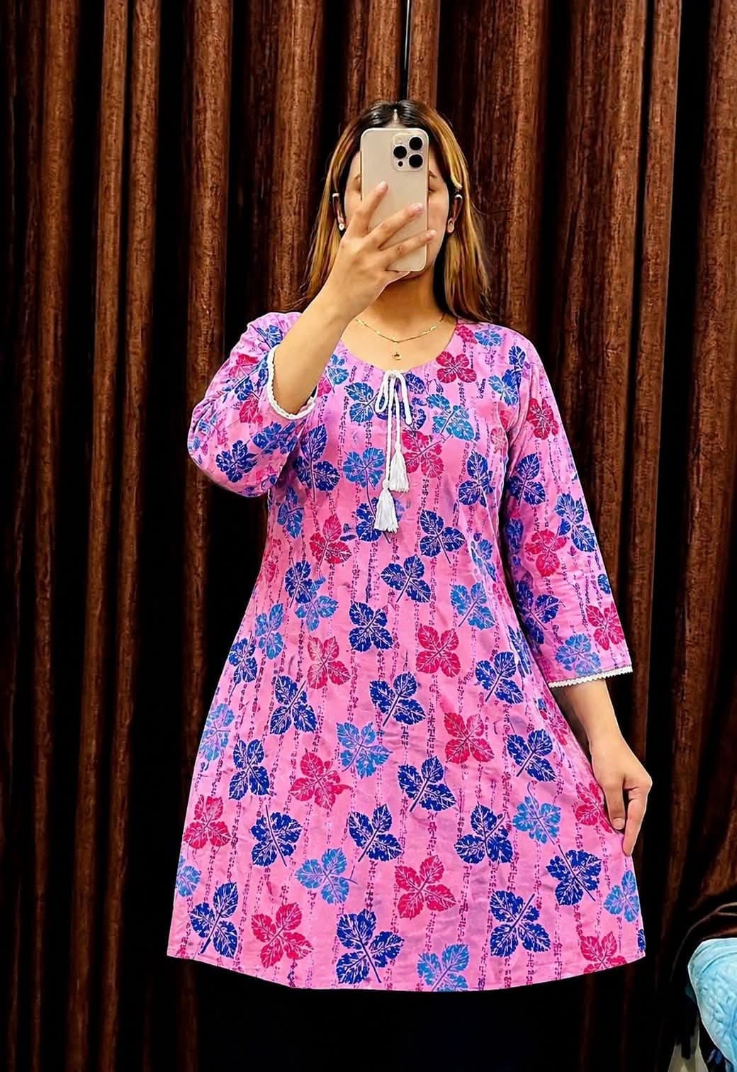 Trendy Screen Printed TC Cotton Short Kurti with Tassel
