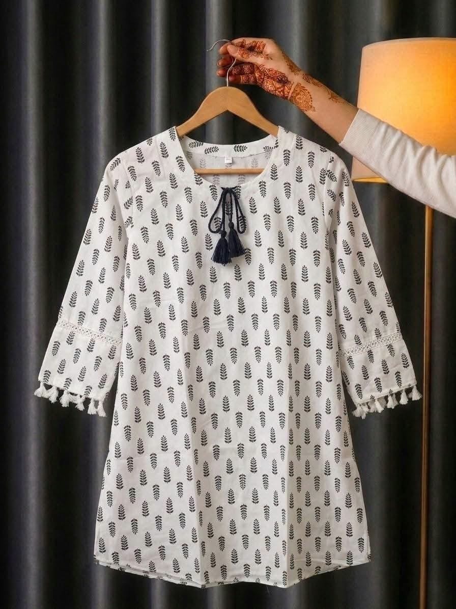 Trendy Screen Printed TC Cotton Short Kurti with Tassel