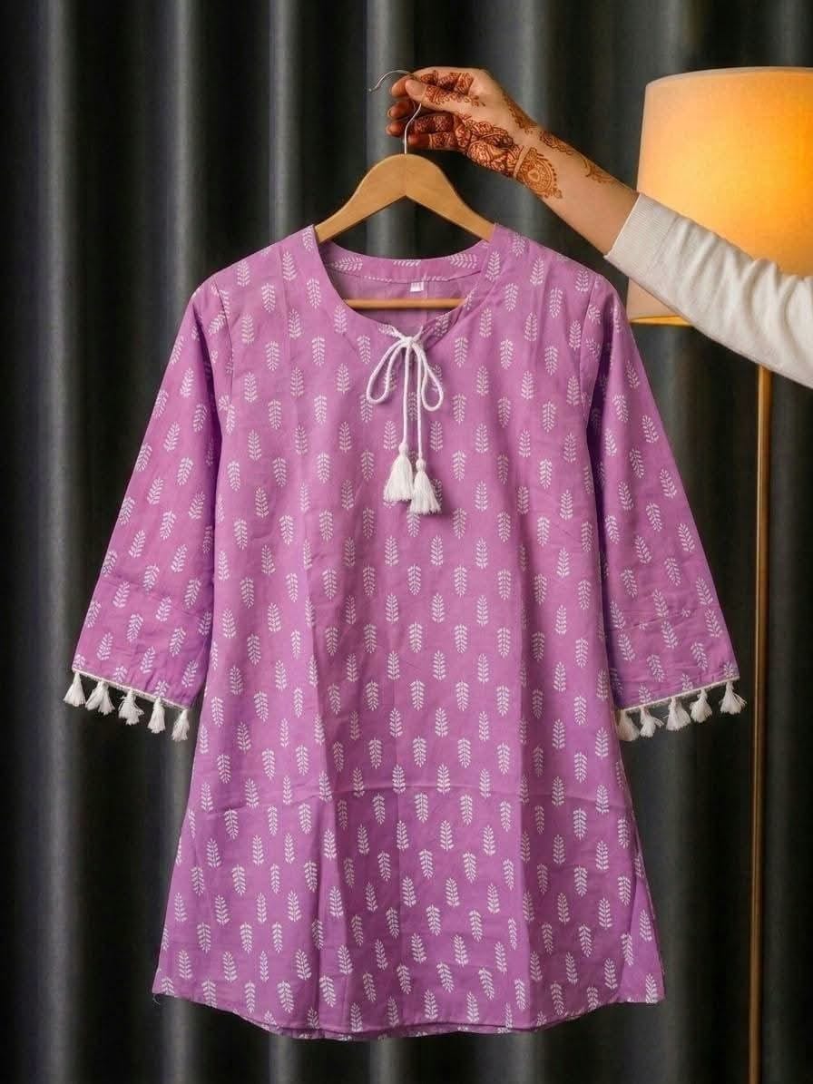 Trendy Screen Printed TC Cotton Short Kurti with Tassel