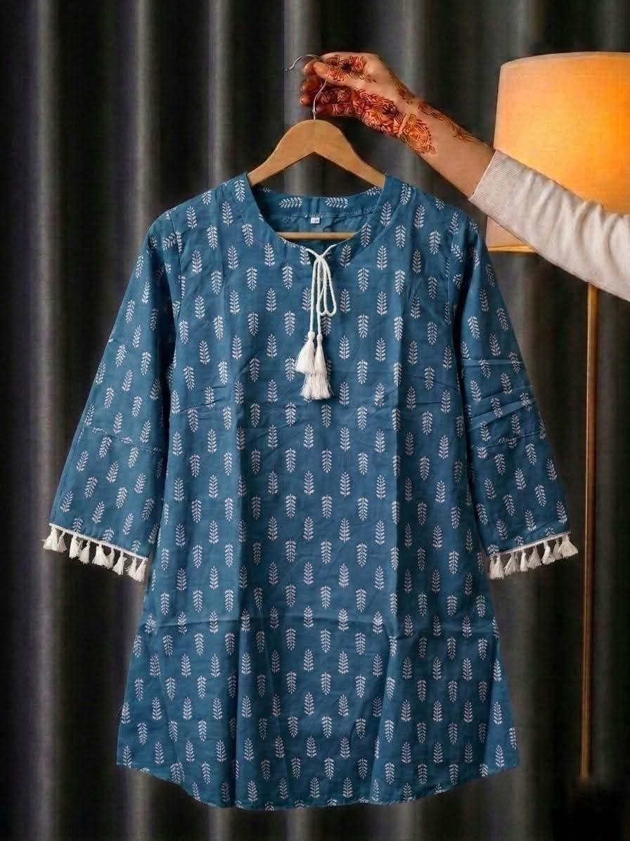 Trendy Screen Printed TC Cotton Short Kurti with Tassel