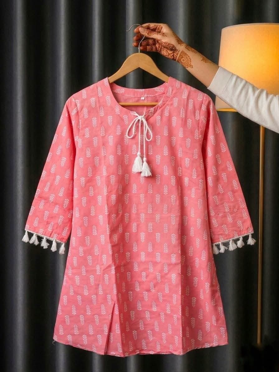 Trendy Screen Printed TC Cotton Short Kurti with Tassel