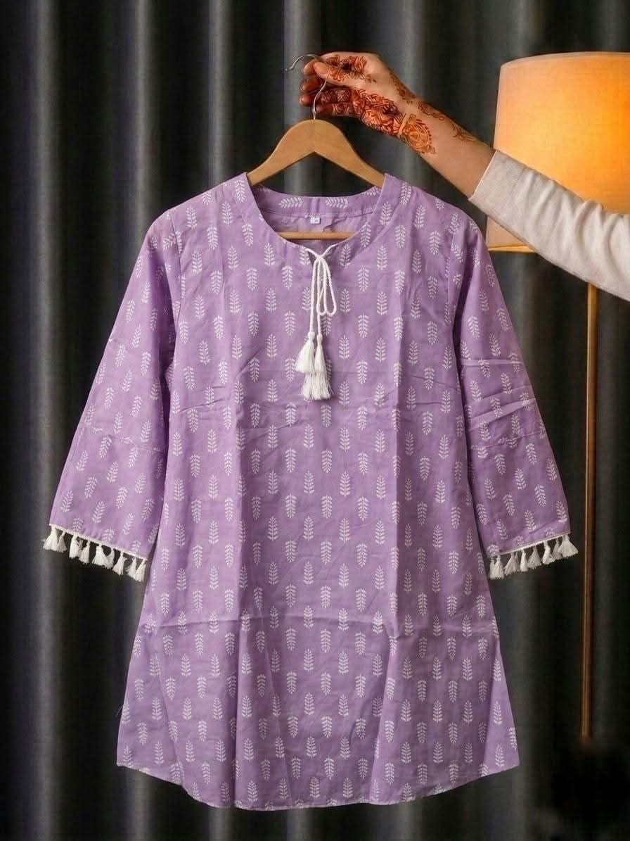 Trendy Screen Printed TC Cotton Short Kurti with Tassel