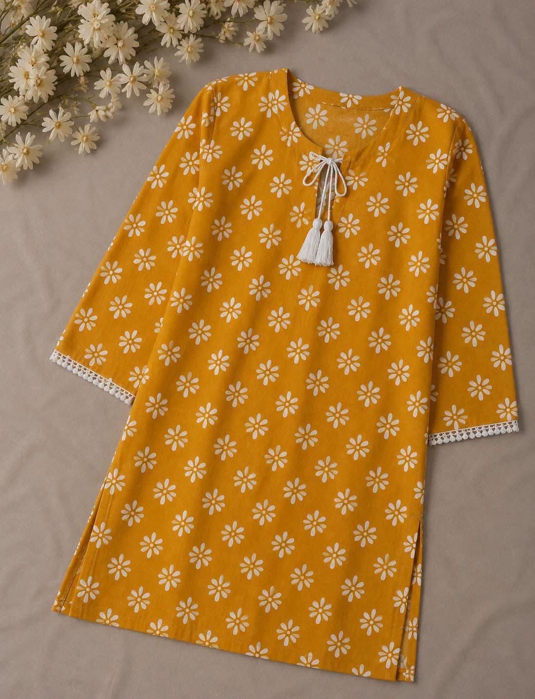 Trendy Screen Printed TC Cotton Short Kurti with Tassel