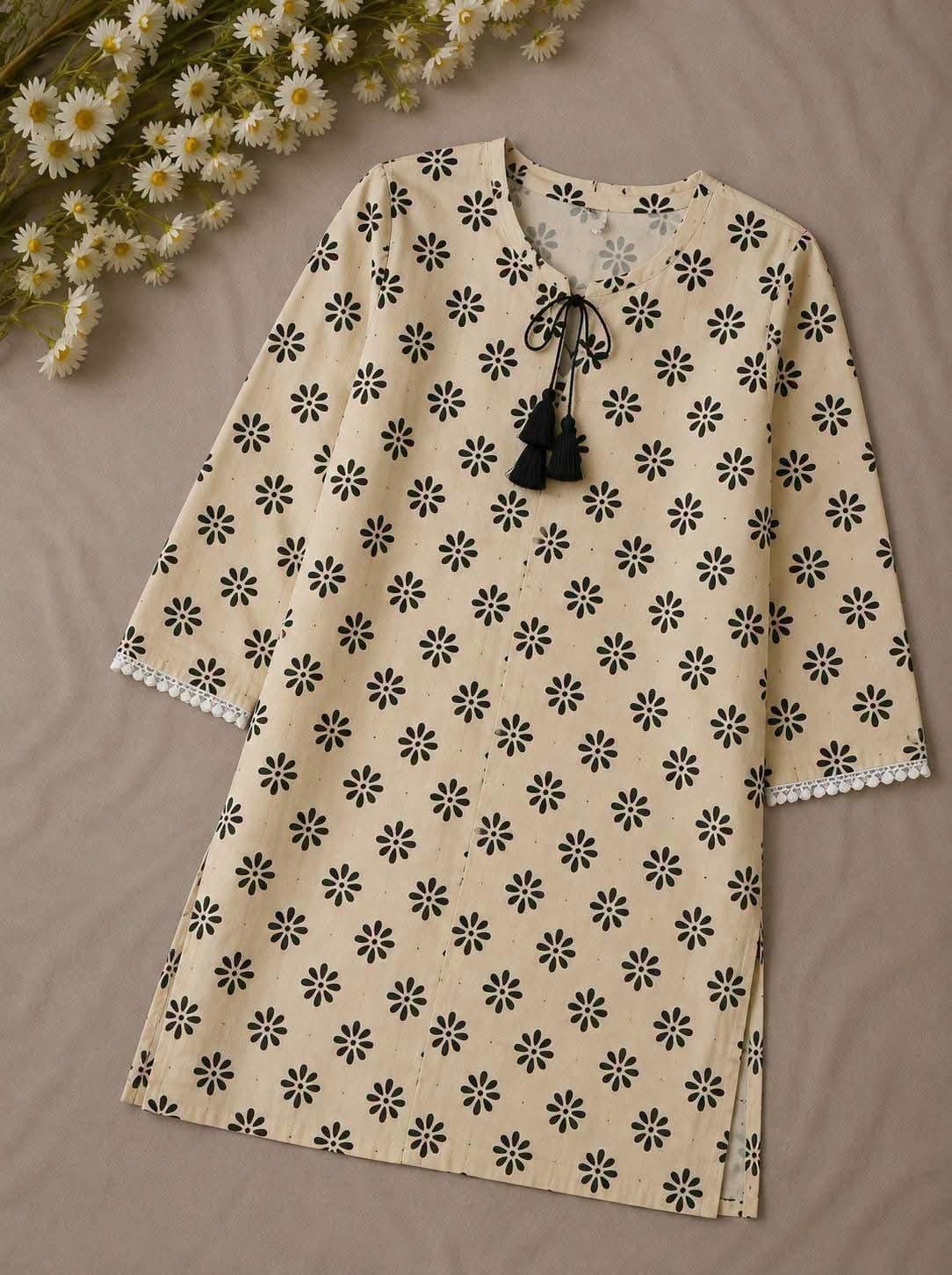 Trendy Screen Printed TC Cotton Short Kurti with Tassel