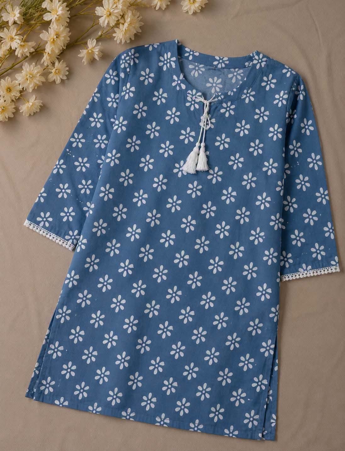 Trendy Screen Printed TC Cotton Short Kurti with Tassel