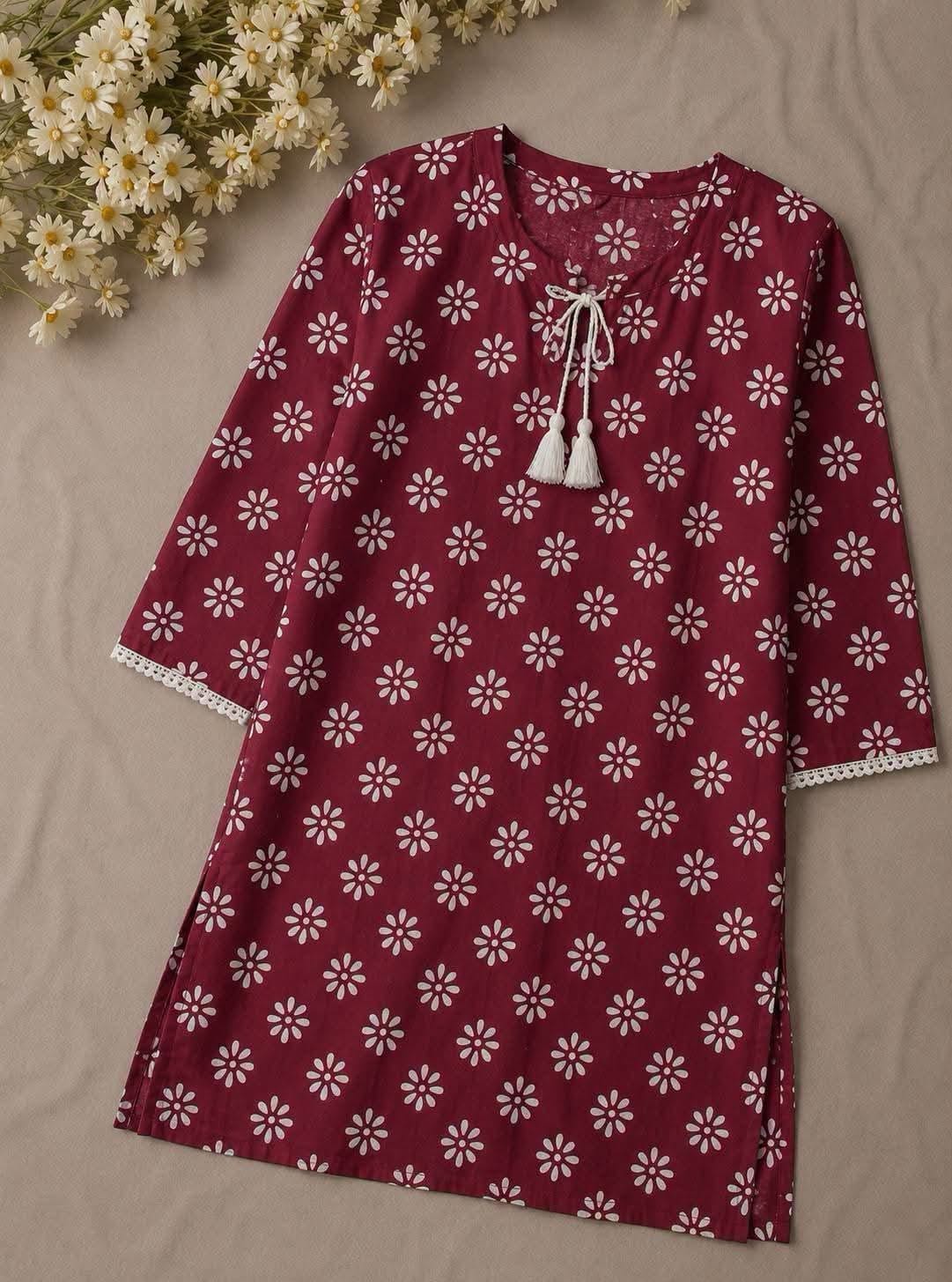 Trendy Screen Printed TC Cotton Short Kurti with Tassel