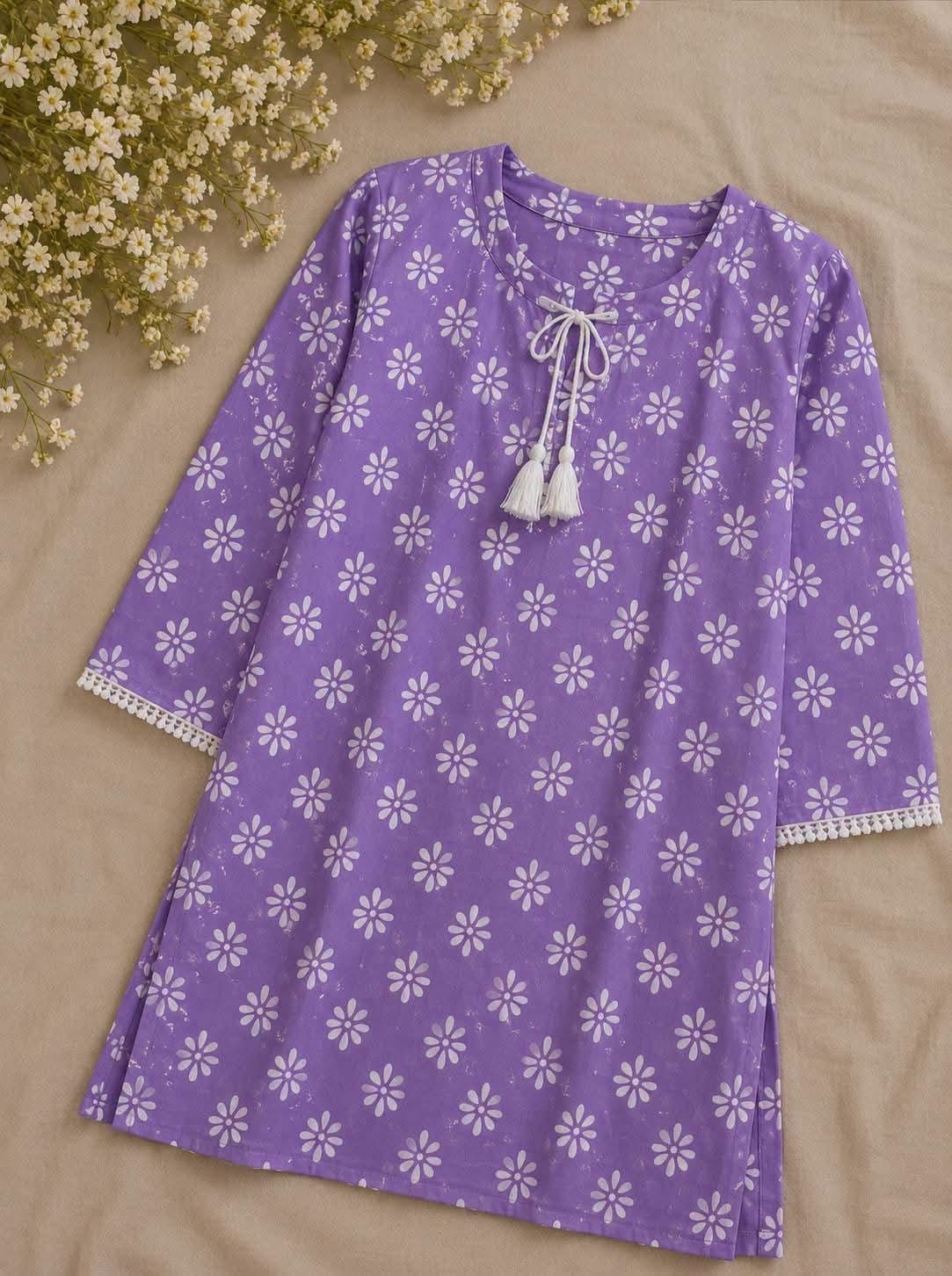Trendy Screen Printed TC Cotton Short Kurti with Tassel